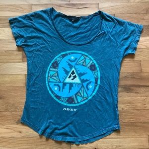 Obey XS Teal Tribal Scoop Neck Oversized Tee